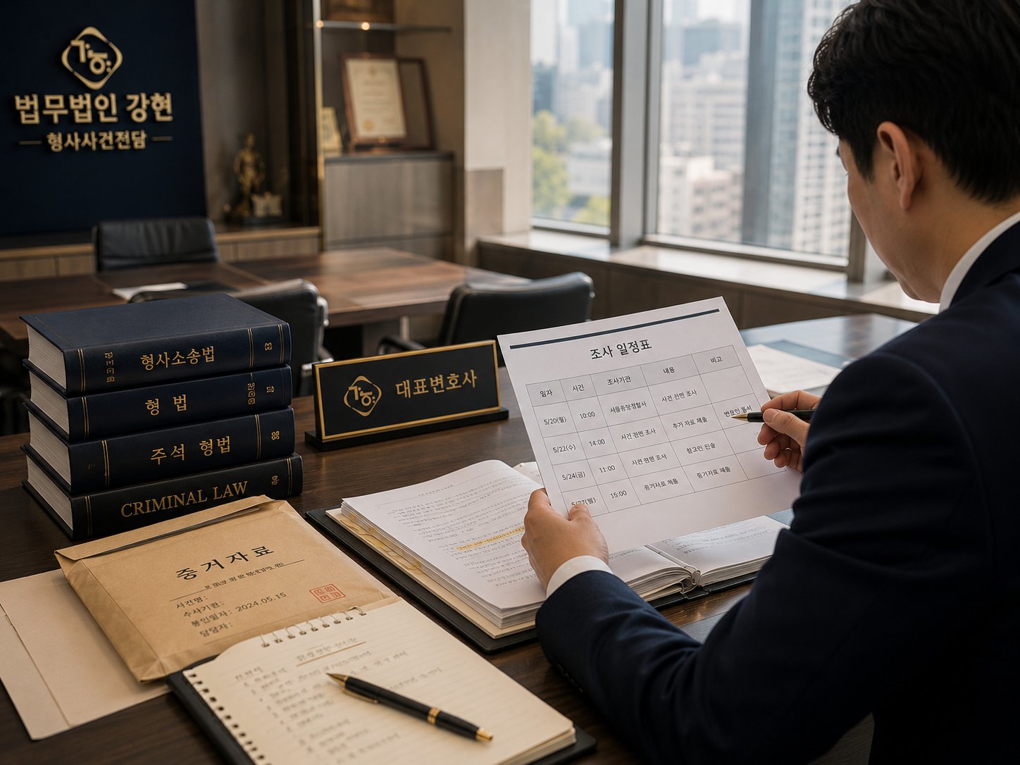 형사사건전담 변호사가 사건기록과 조사일정을 검토하는 장면
